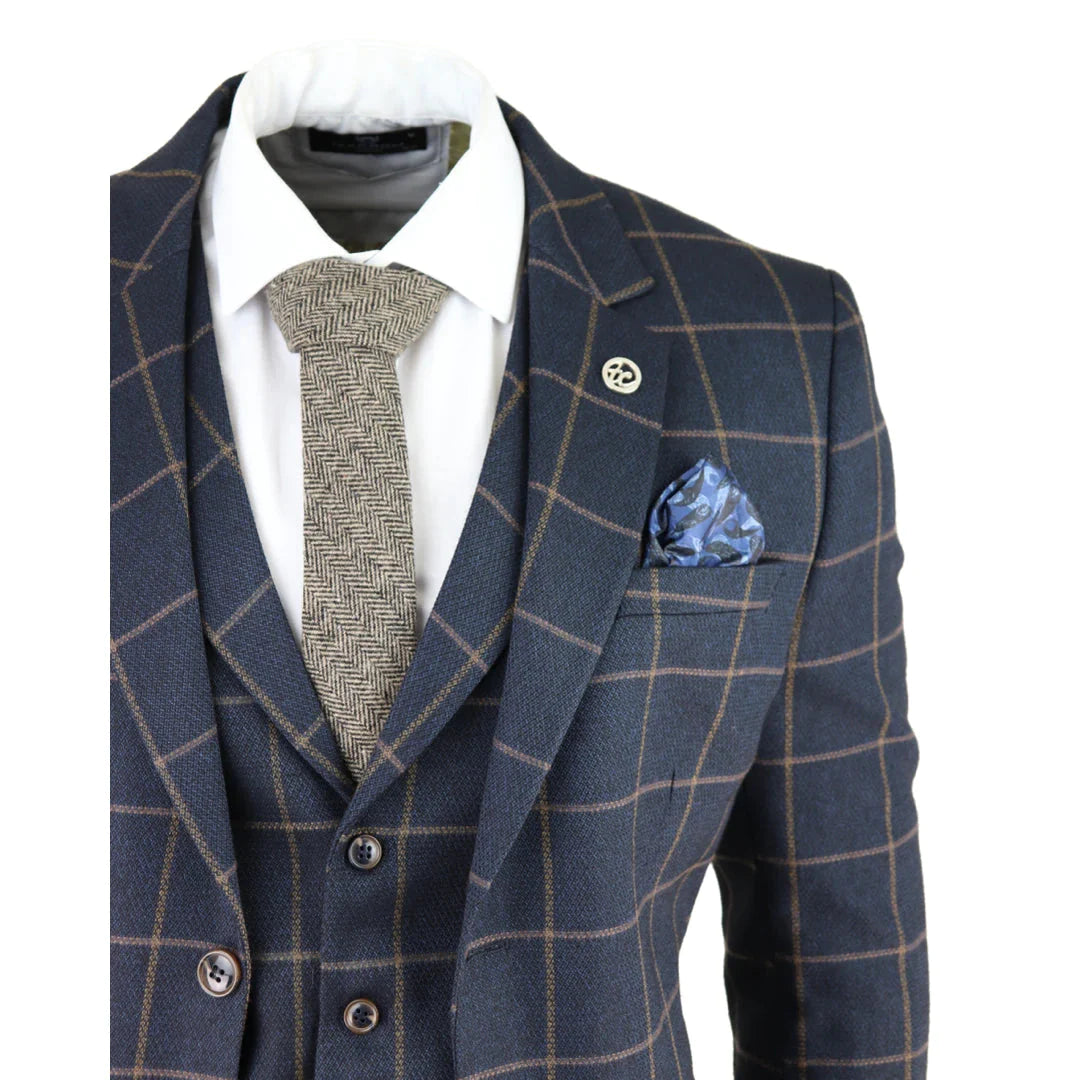 Mens Blue 3 Piece Suit Tan Check Classic Wedding Prom Peaky Tweed Vintage