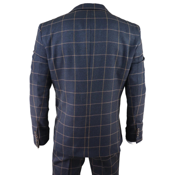 Mens Blue 3 Piece Suit Tan Check Classic Wedding Prom Peaky Tweed Vintage