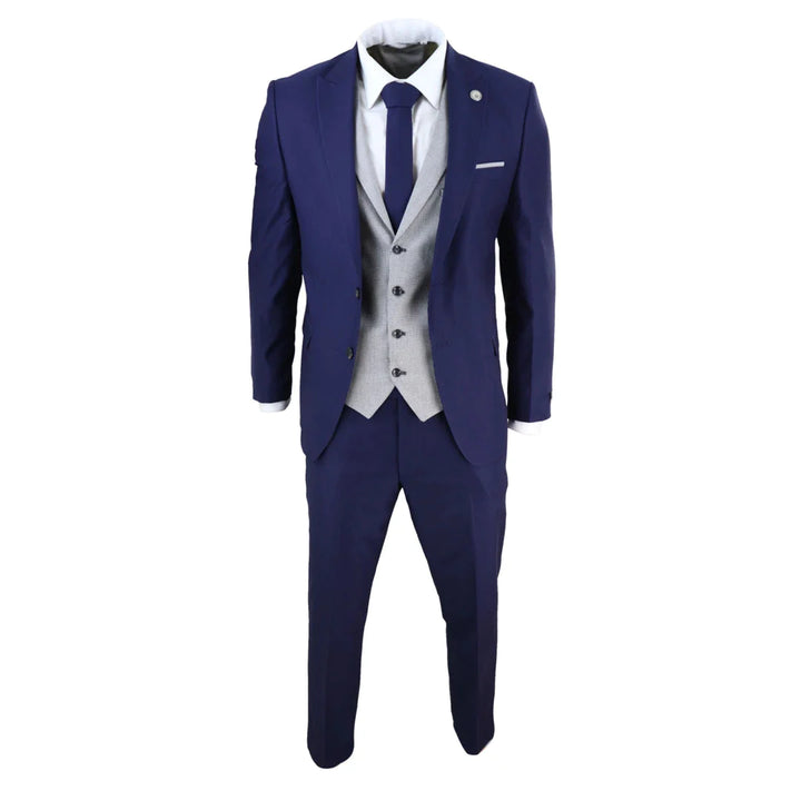 Mens Blue 3 Piece Suit With Contrasting Grey Waistcoat