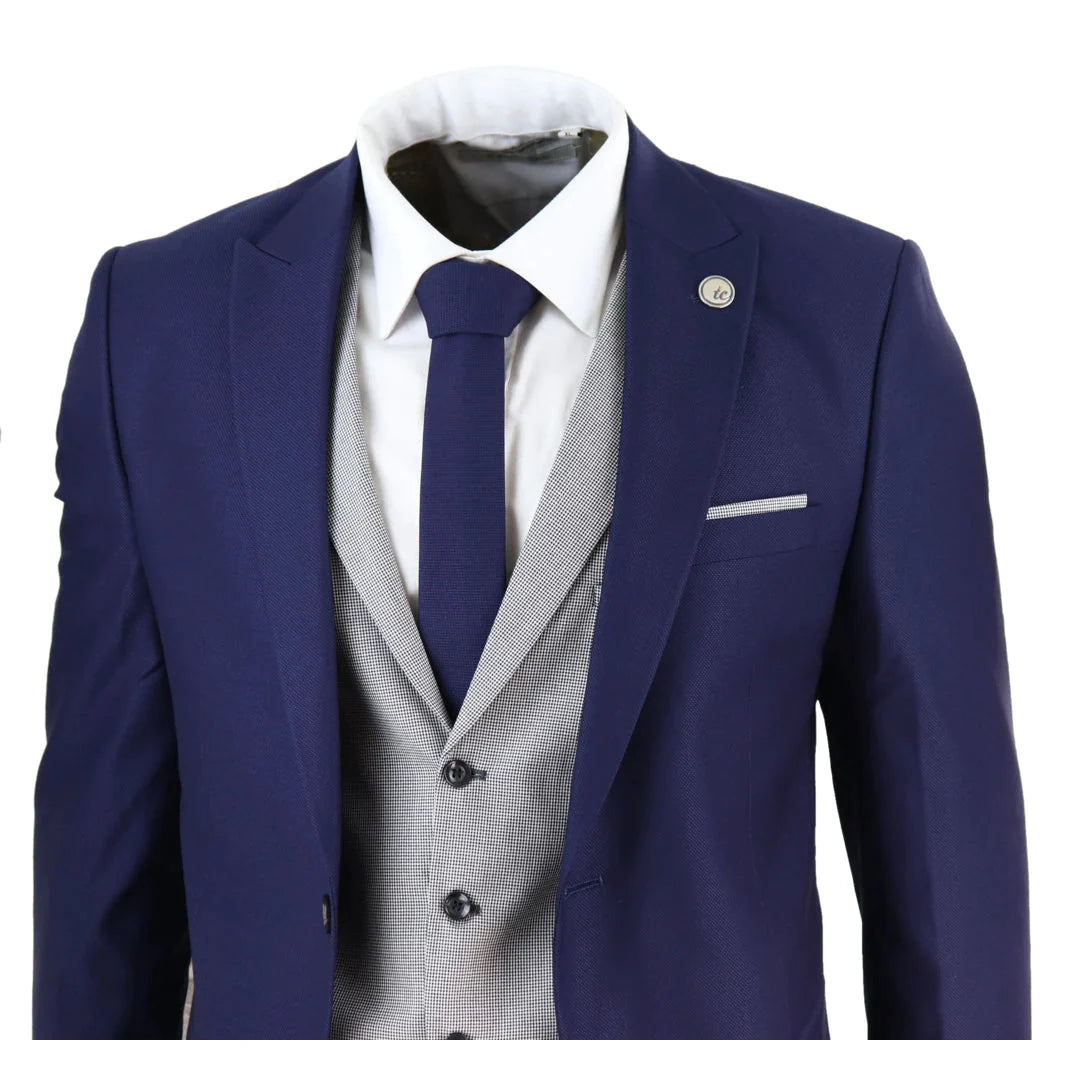 Mens Blue 3 Piece Suit With Contrasting Grey Waistcoat