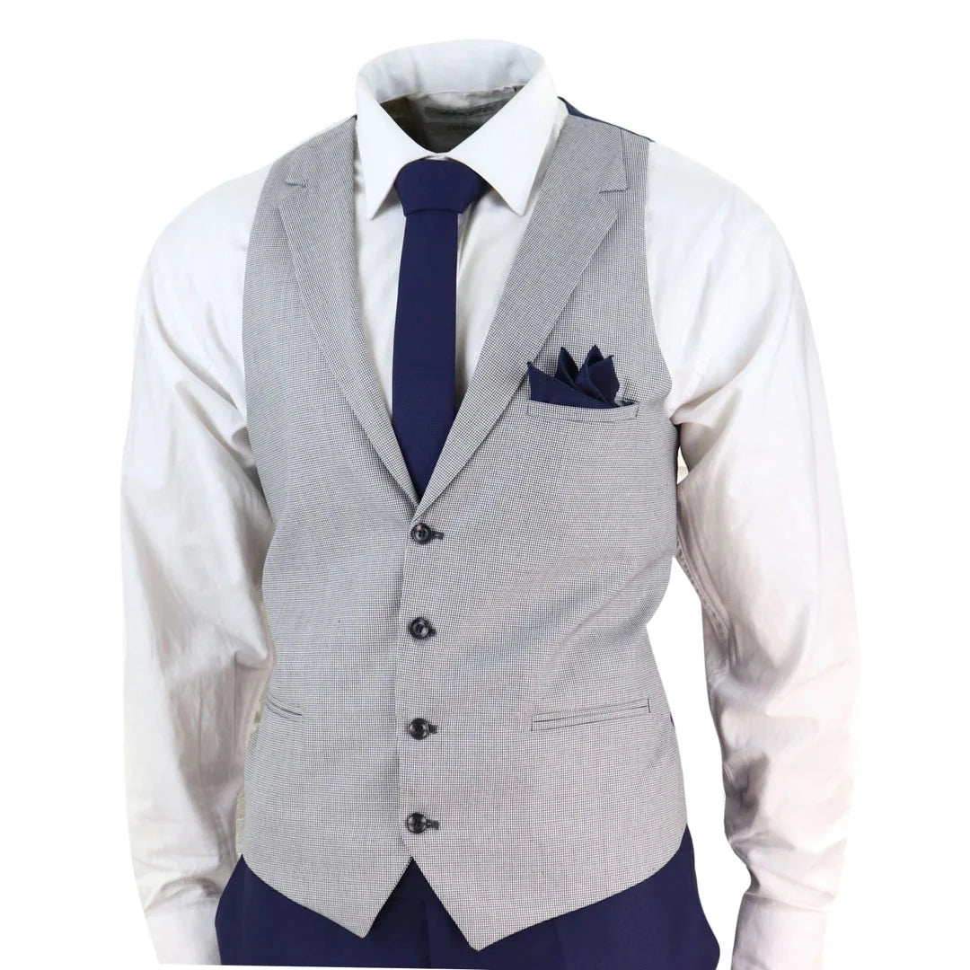 Mens Blue 3 Piece Suit With Contrasting Grey Waistcoat