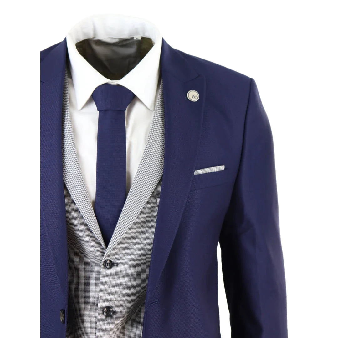 Mens Blue 3 Piece Suit With Contrasting Grey Waistcoat