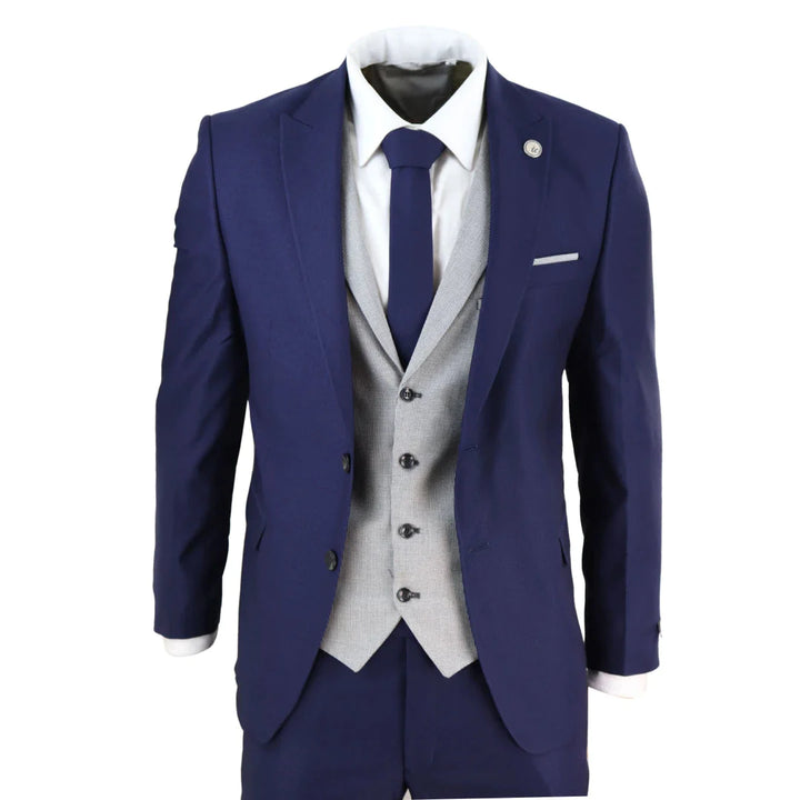 Mens Blue 3 Piece Suit With Contrasting Grey Waistcoat