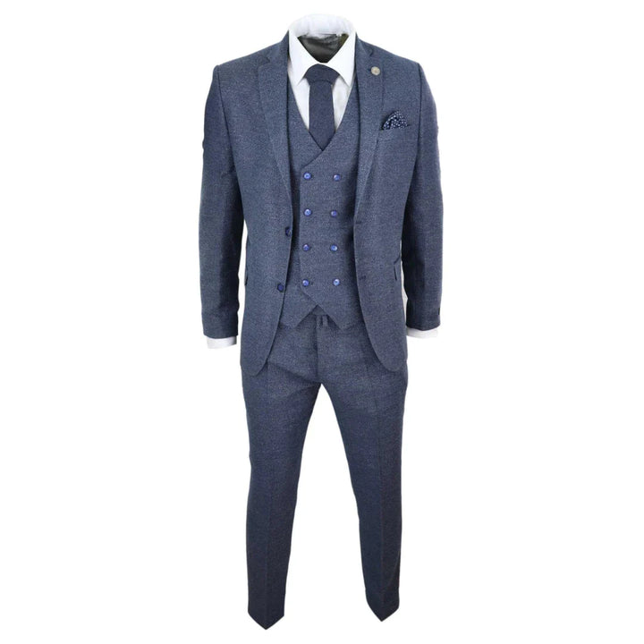 Mens Blue 3 Piece Suit With Double Breasted Waistcoat