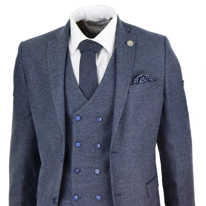 Mens Blue 3 Piece Suit With Double Breasted Waistcoat