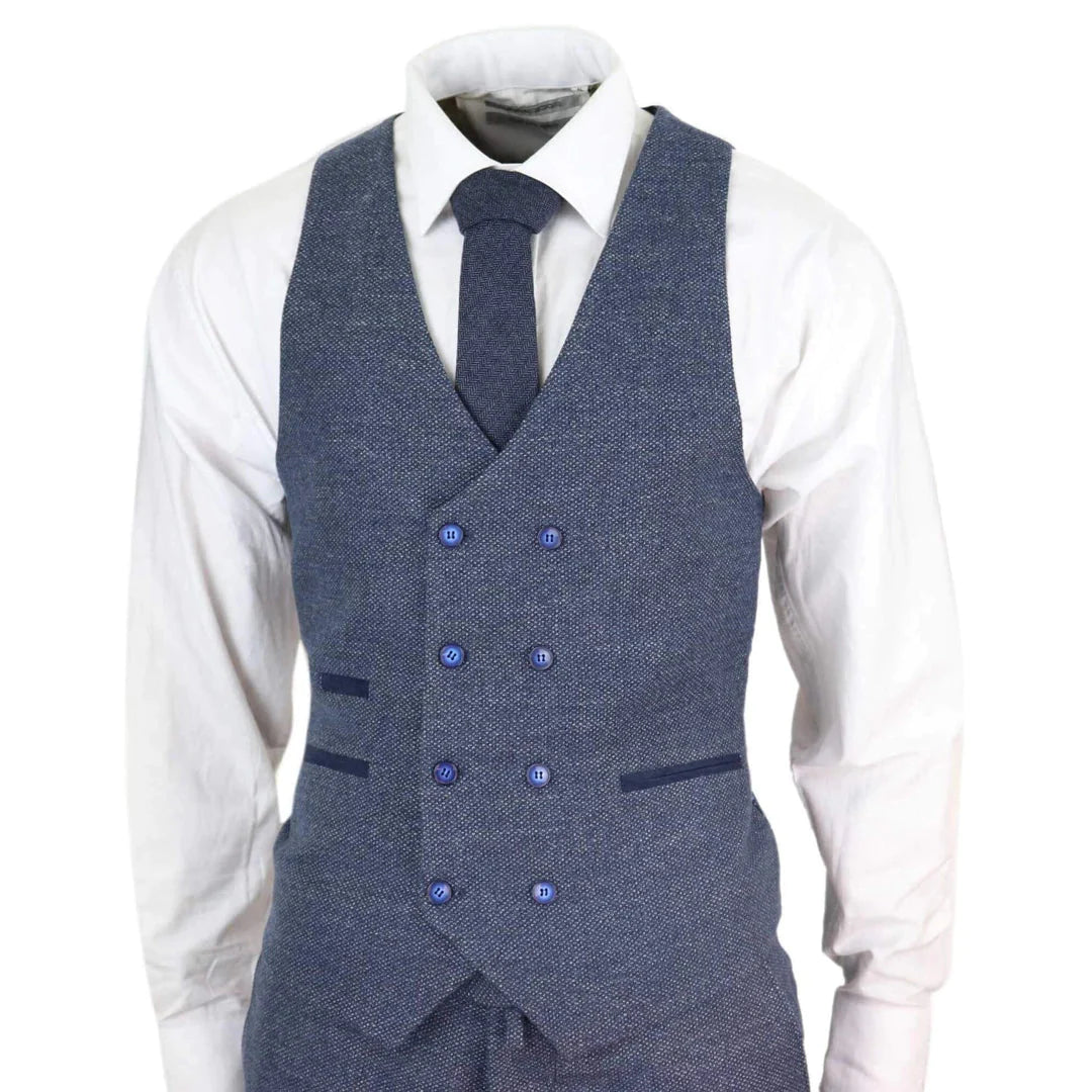 Mens Blue 3 Piece Suit With Double Breasted Waistcoat