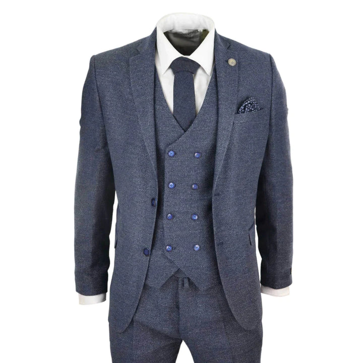 Mens Blue 3 Piece Suit With Double Breasted Waistcoat