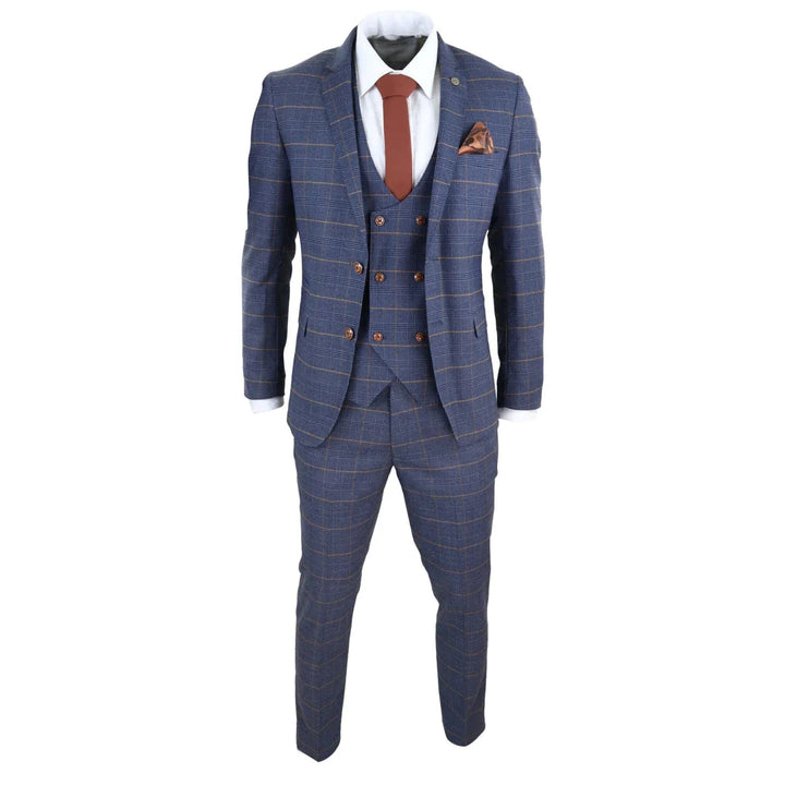 Marc Darcy - 3 Piece Blue Check Suit With Double Breasted Waistcoat