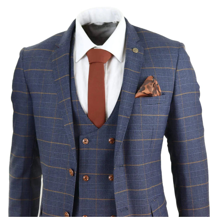 Marc Darcy - 3 Piece Blue Check Suit With Double Breasted Waistcoat