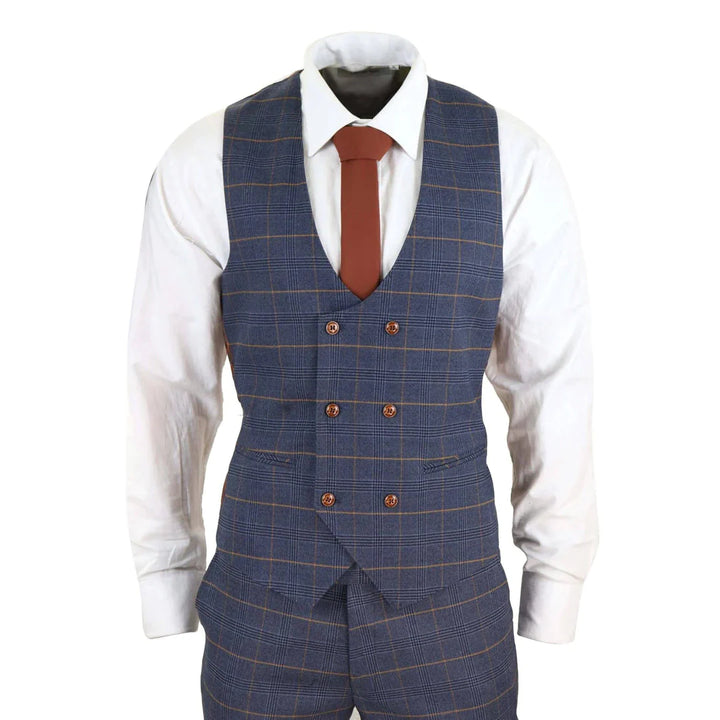 Marc Darcy - 3 Piece Blue Check Suit With Double Breasted Waistcoat