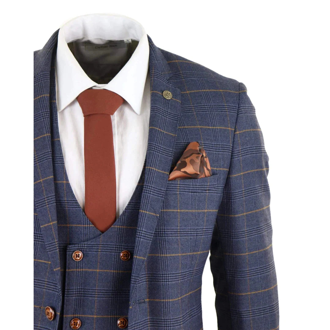 Marc Darcy - 3 Piece Blue Check Suit With Double Breasted Waistcoat