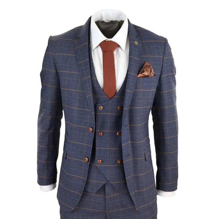 Marc Darcy - 3 Piece Blue Check Suit With Double Breasted Waistcoat