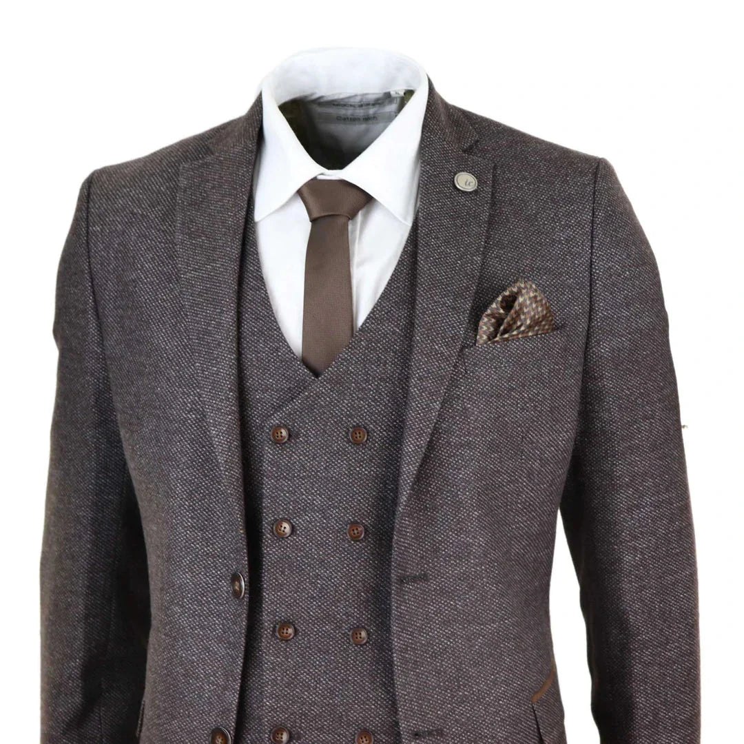 Mens Brown 3 Piece Suit With Double Breasted Waistcoat