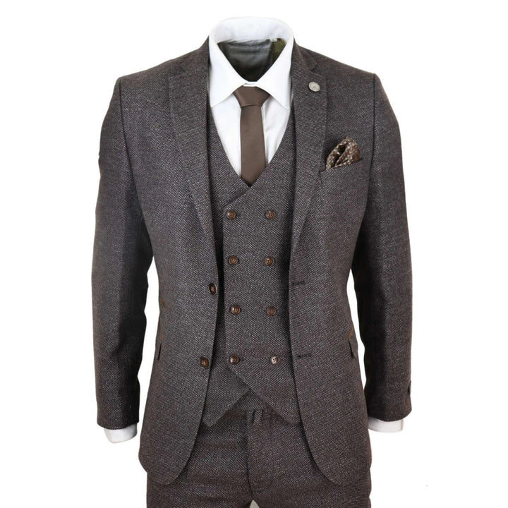 Mens Brown 3 Piece Suit With Double Breasted Waistcoat