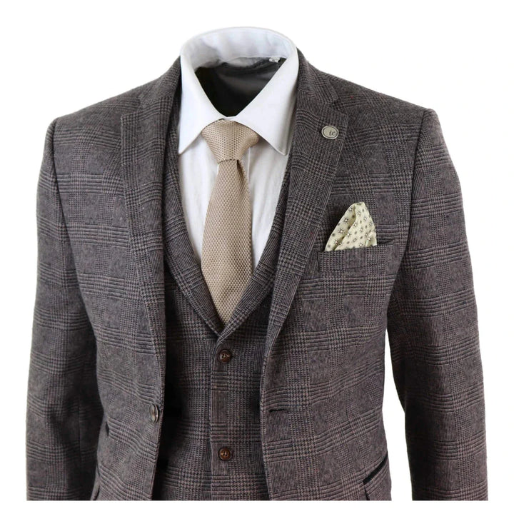 Mens Brown Check 3 Peice Tweed Suit - STZ17