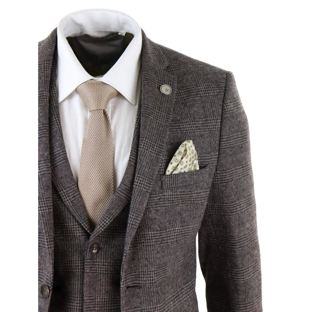 Mens Brown Check 3 Peice Tweed Suit - STZ17