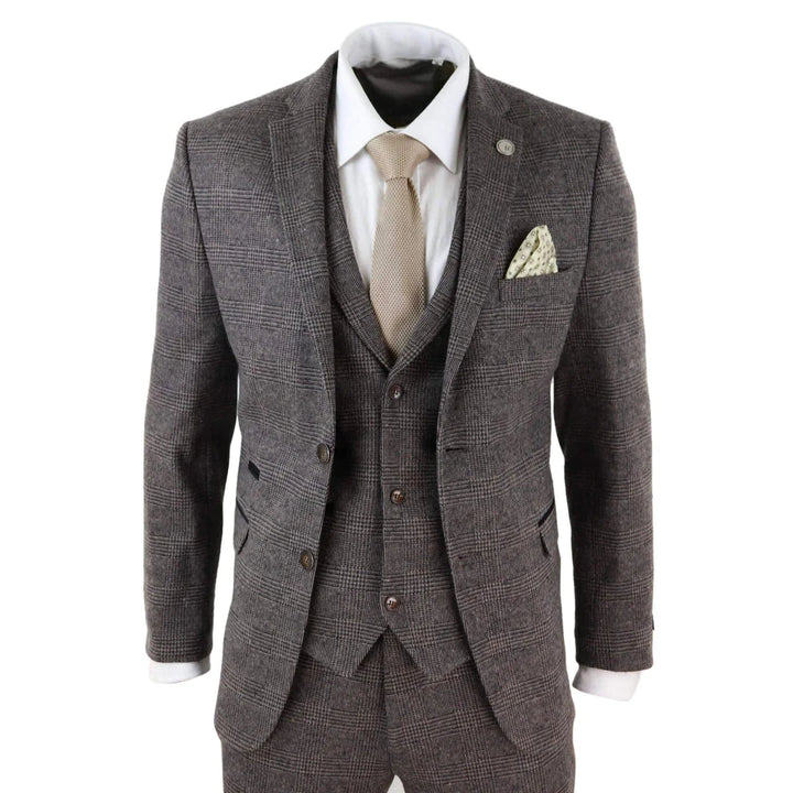 Mens Brown Check 3 Peice Tweed Suit - STZ17