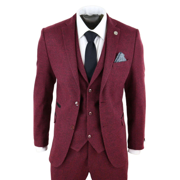 Mens Burgundy Wine Tweed 3 Piece Suit - STZ17