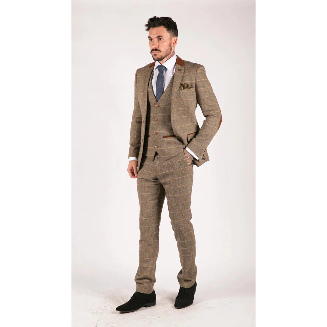 Marc Darcy - Mens Vintage Herringbone Brown 3 Piece Suit