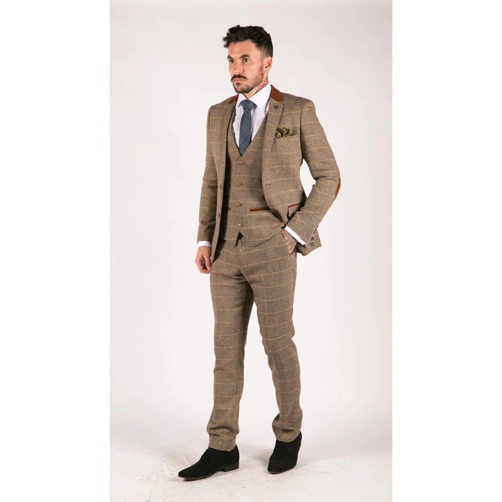 Marc Darcy - Mens Vintage Herringbone Brown 3 Piece Suit