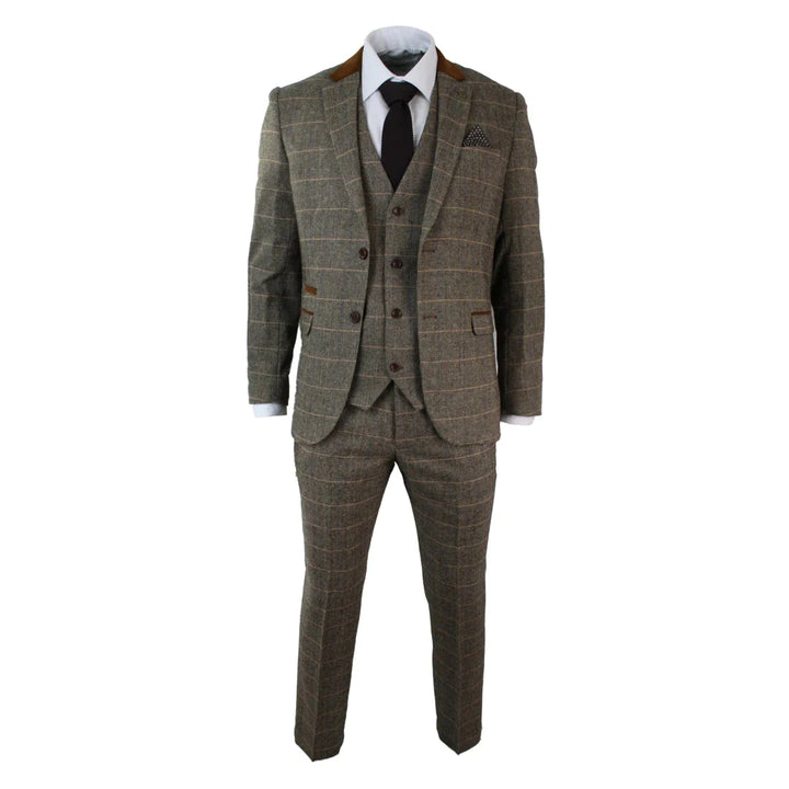Marc Darcy - Mens Vintage Herringbone Brown 3 Piece Suit
