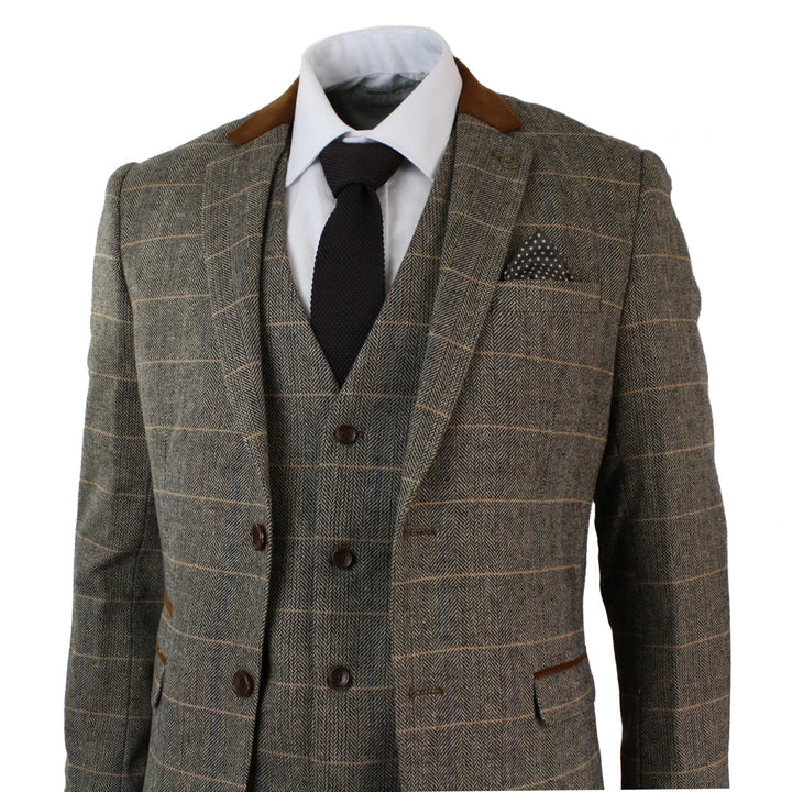 Marc Darcy - Mens Vintage Herringbone Brown 3 Piece Suit