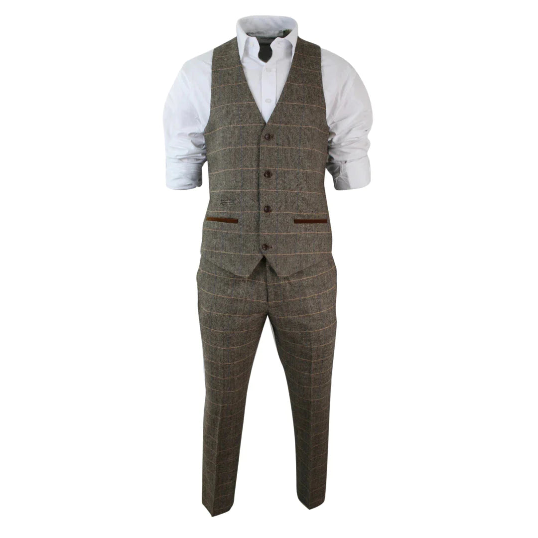 Marc Darcy - Mens Vintage Herringbone Brown 3 Piece Suit