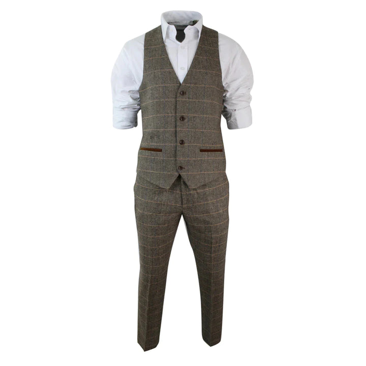 Marc Darcy - Mens Vintage Herringbone Brown 3 Piece Suit