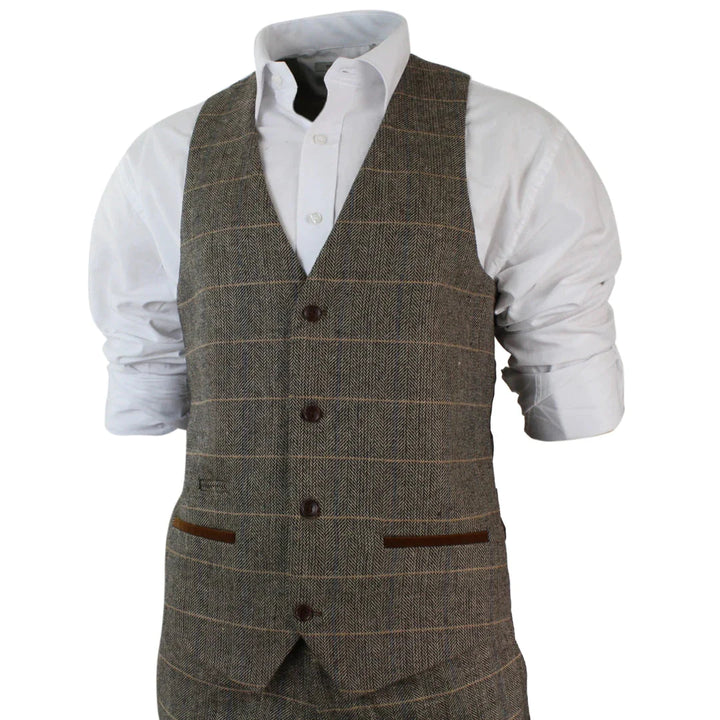 Marc Darcy - Mens Vintage Herringbone Brown 3 Piece Suit