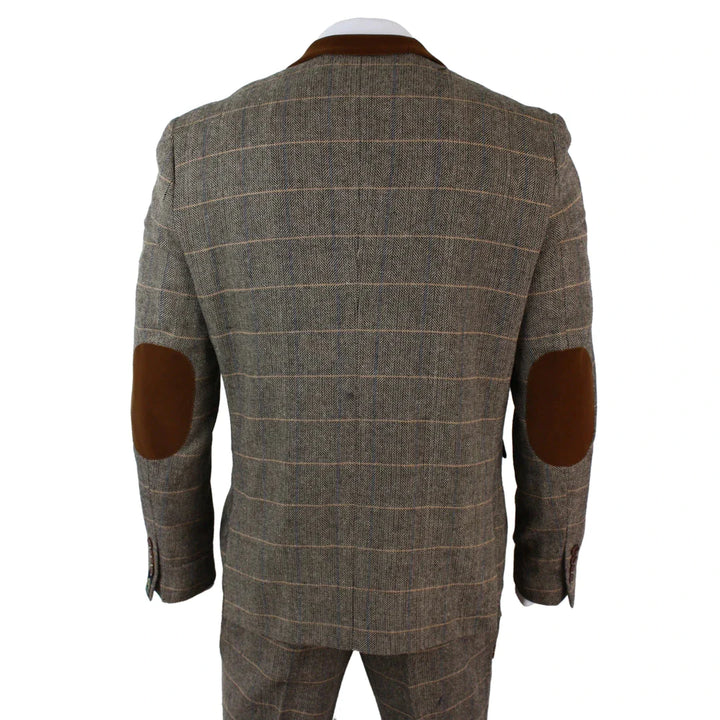 Marc Darcy - Mens Vintage Herringbone Brown 3 Piece Suit