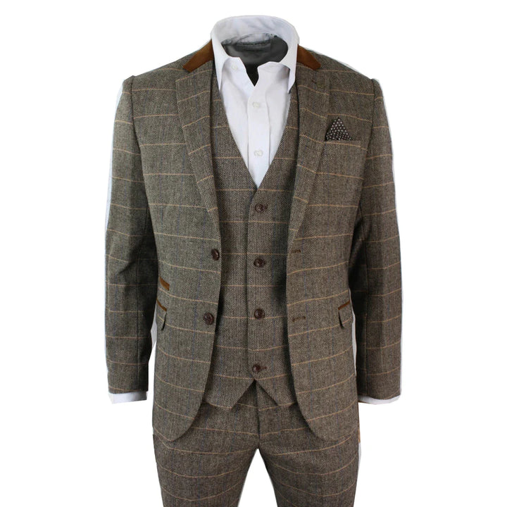 Marc Darcy - Mens Vintage Herringbone Brown 3 Piece Suit