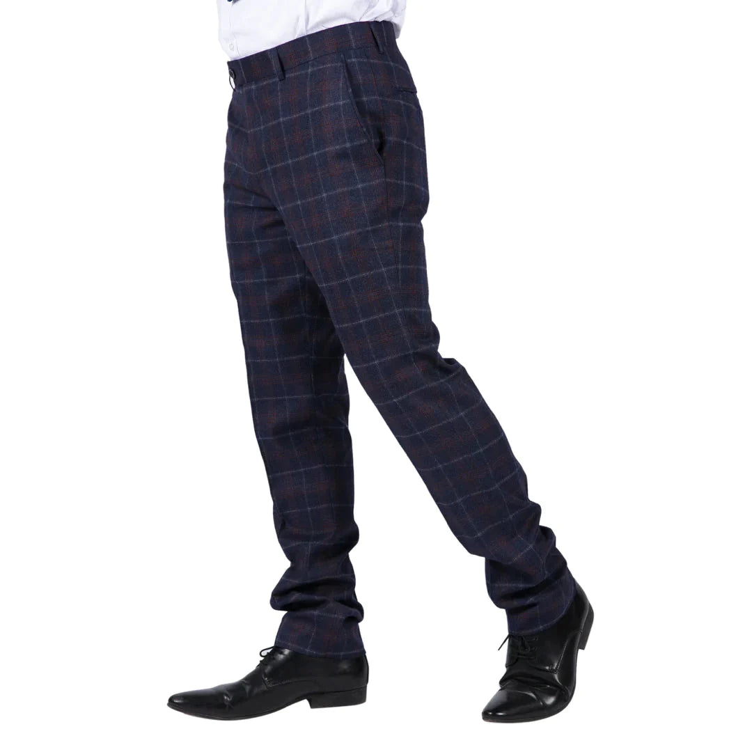 Mens Classic Trousers Tweed Check Retro 1920s Gatsby Blinders Blue Navy Wedding