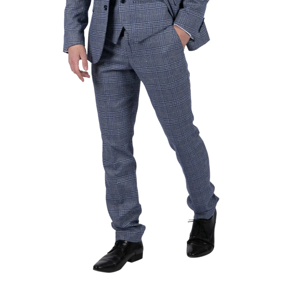 Mens Classic Trousers Tweed Check Retro 1920s Gatsby Blinders Royal Blue Wedding