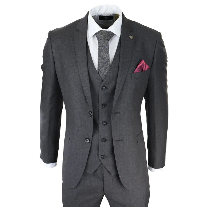 Mens Dark Grey Charcoal 3 Piece Suit Classic Stitch Wedding Summer Prom Classic