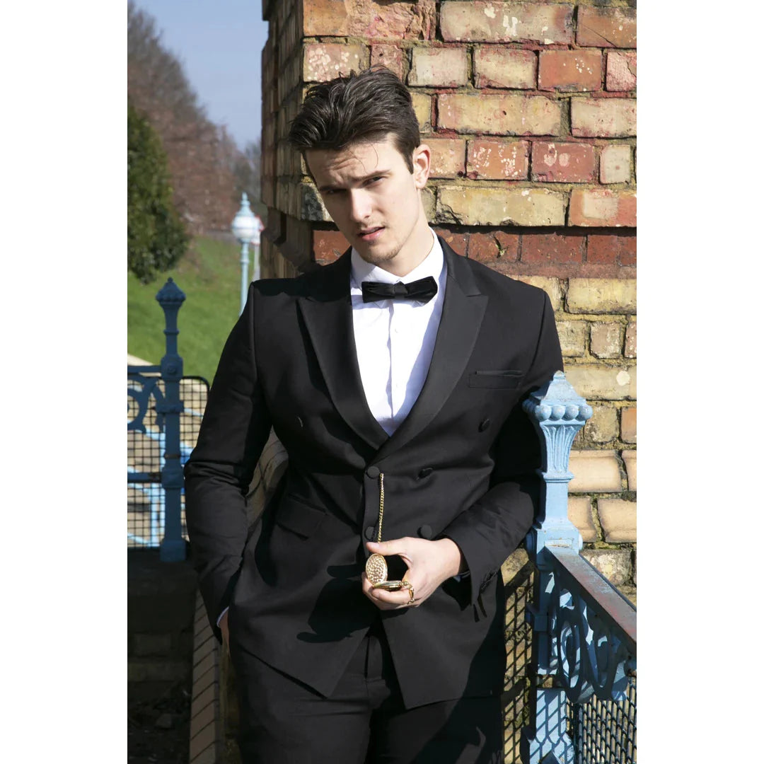 Mens Double Breasted Black Tuxedo Suit Dinner Jacket Stripe Trouser Tux Classic Satin