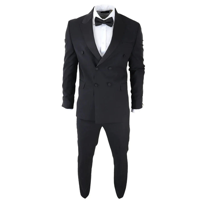 Mens Double Breasted Black Tuxedo Suit Dinner Jacket Stripe Trouser Tux Classic Satin