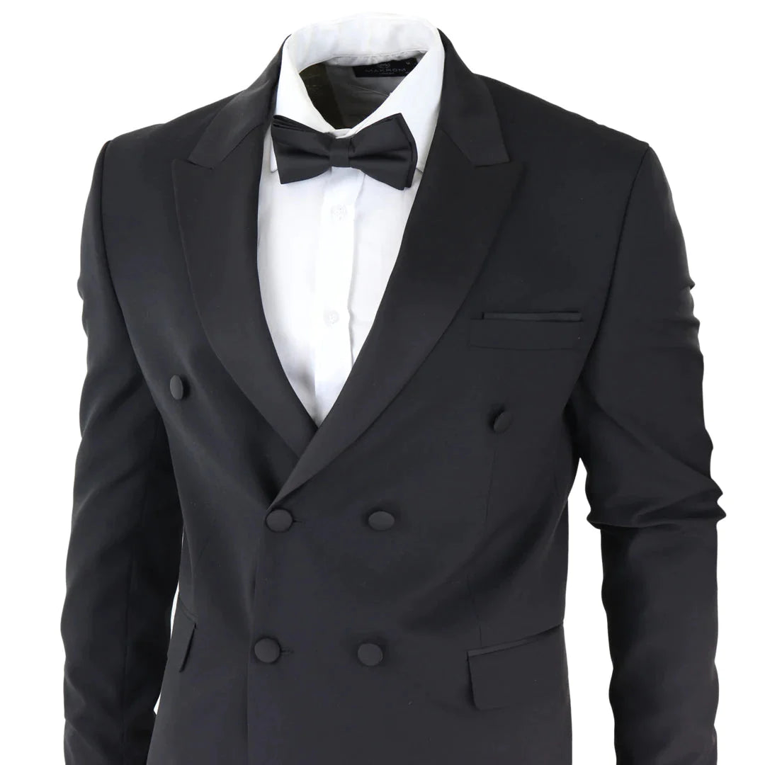 Mens Double Breasted Black Tuxedo Suit Dinner Jacket Stripe Trouser Tux Classic Satin