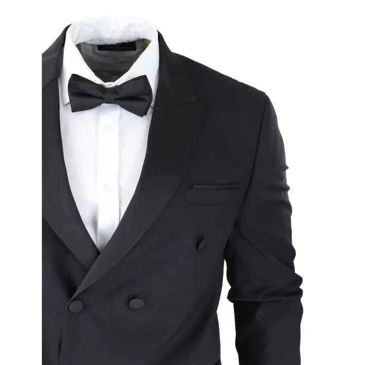 Mens Double Breasted Black Tuxedo Suit Dinner Jacket Stripe Trouser Tux Classic Satin