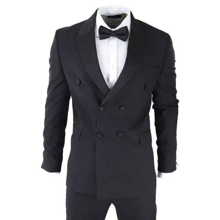 Mens Double Breasted Black Tuxedo Suit Dinner Jacket Stripe Trouser Tux Classic Satin