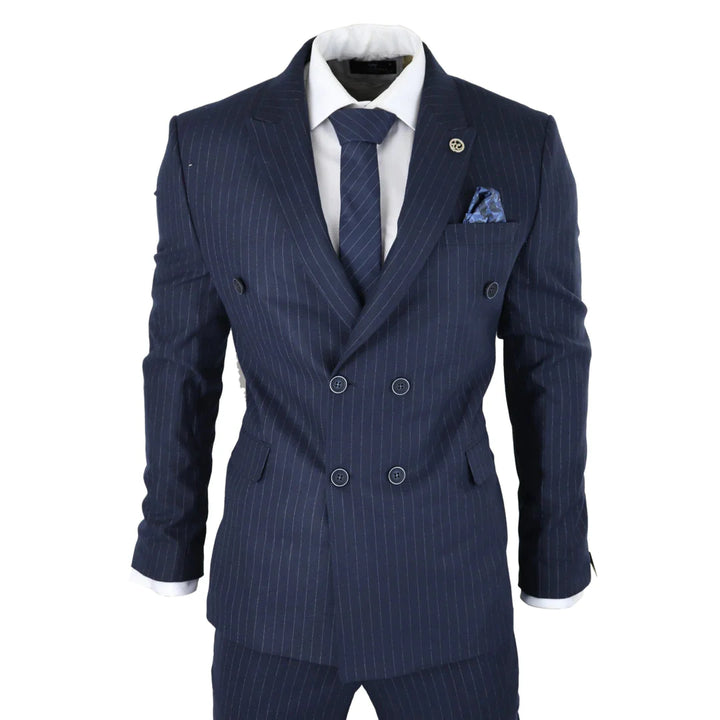 Mens Double Breasted Suit Navy Pinstripe 1920s Mafia Gangster Blinders Wedding