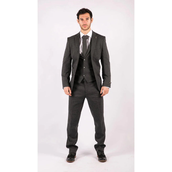 Mens Grey Black 3 Piece Tweed Suit Herringbone Wool Vintage Retro Peaky Blinders