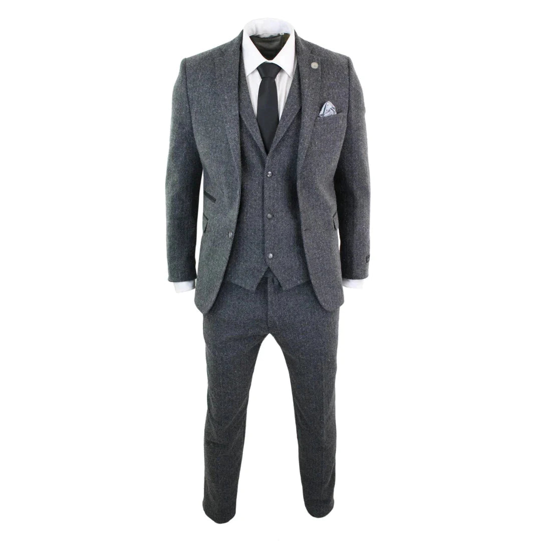 Mens Grey Black 3 Piece Tweed Suit Herringbone Wool Vintage Retro Peaky Blinders
