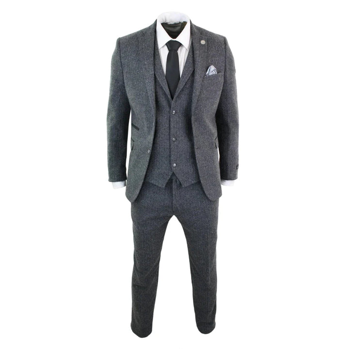 Mens Grey Black 3 Piece Tweed Suit Herringbone Wool Vintage Retro Peaky Blinders