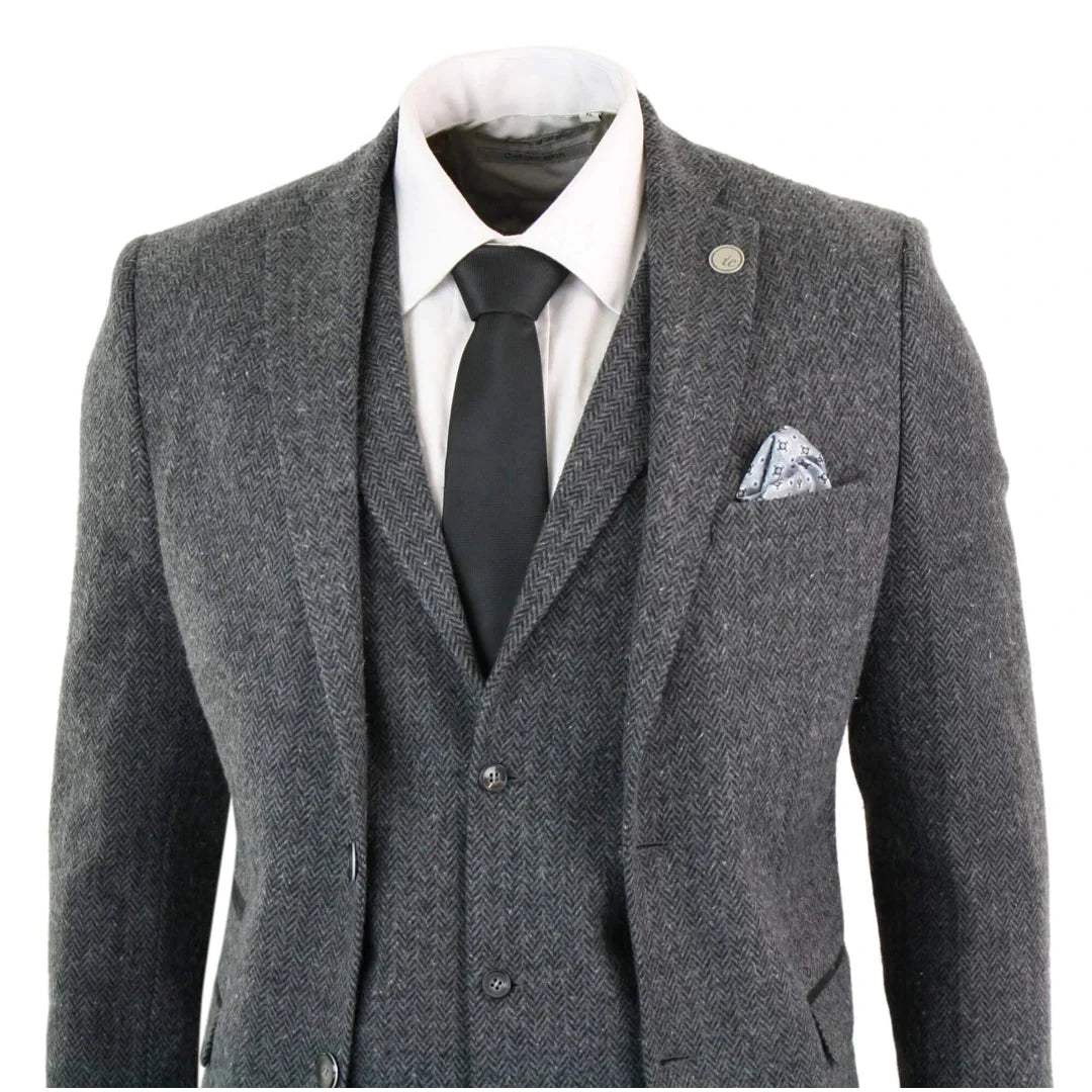 Mens Grey Black 3 Piece Tweed Suit Herringbone Wool Vintage Retro Peaky Blinders