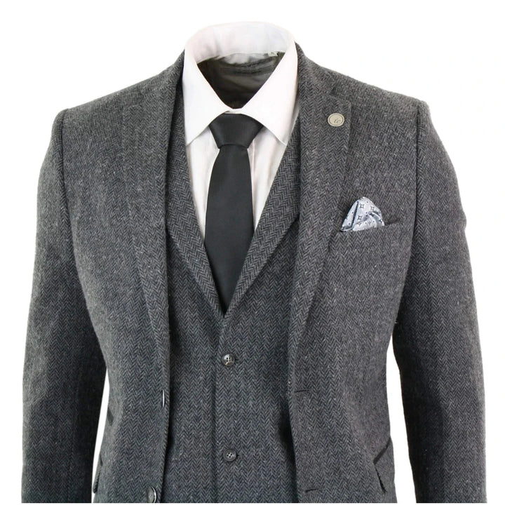 Mens Grey Black 3 Piece Tweed Suit Herringbone Wool Vintage Retro Peaky Blinders