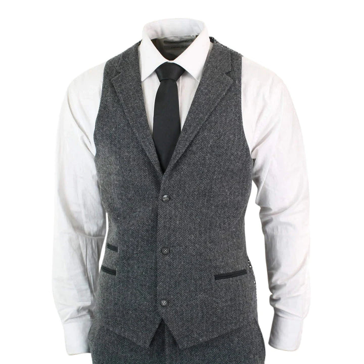 Mens Grey Black 3 Piece Tweed Suit Herringbone Wool Vintage Retro Peaky Blinders