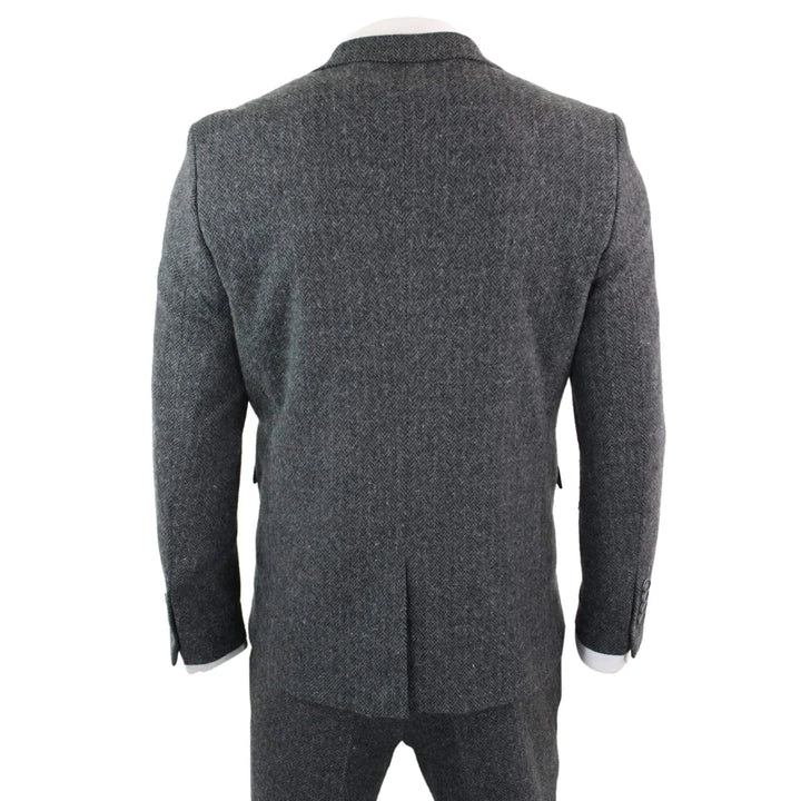 Mens Grey Black 3 Piece Tweed Suit Herringbone Wool Vintage Retro Peaky Blinders