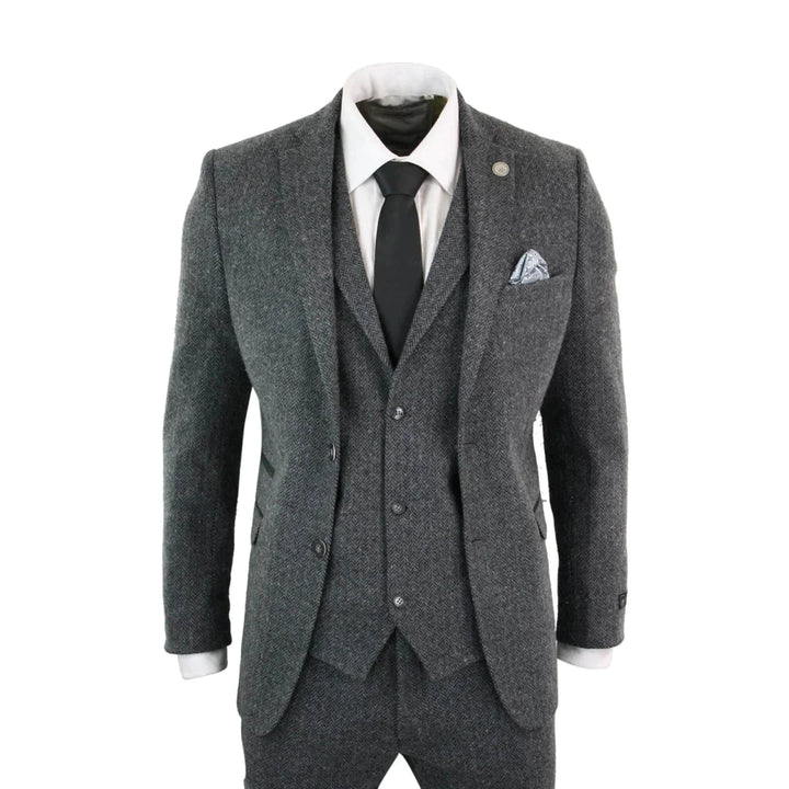 Mens Grey Black 3 Piece Tweed Suit Herringbone Wool Vintage Retro Peaky Blinders