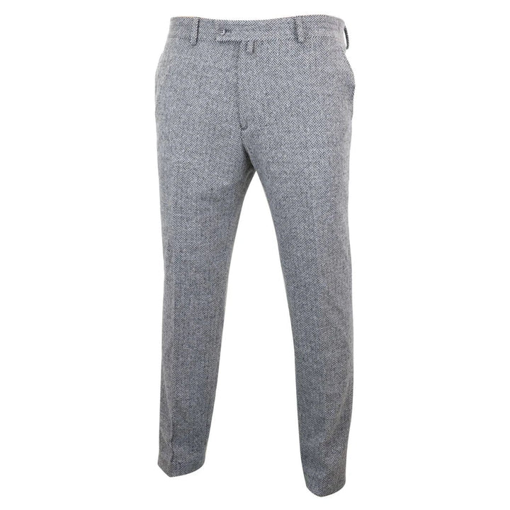 Mens Grey Charcoal Tweed Herringbone Wool Trousers