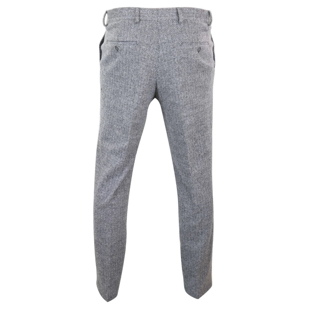 Mens Grey Charcoal Tweed Herringbone Wool Trousers